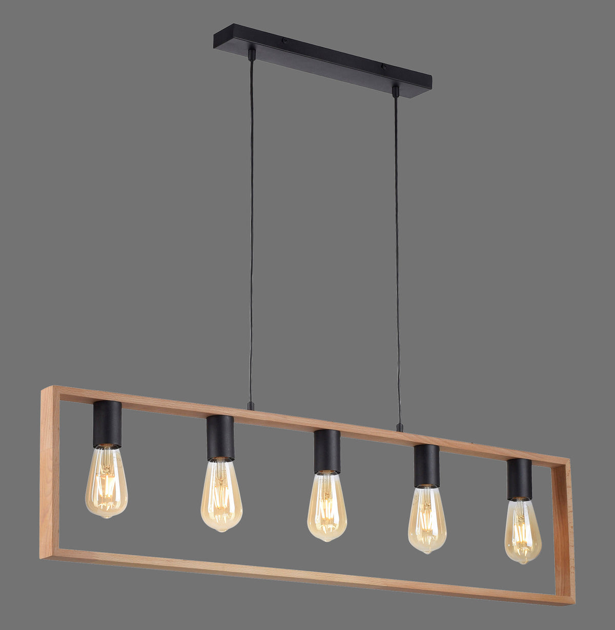 Suspension complète vue de face, cadre en bois rectangulaire et cinq ampoules dorées allumées