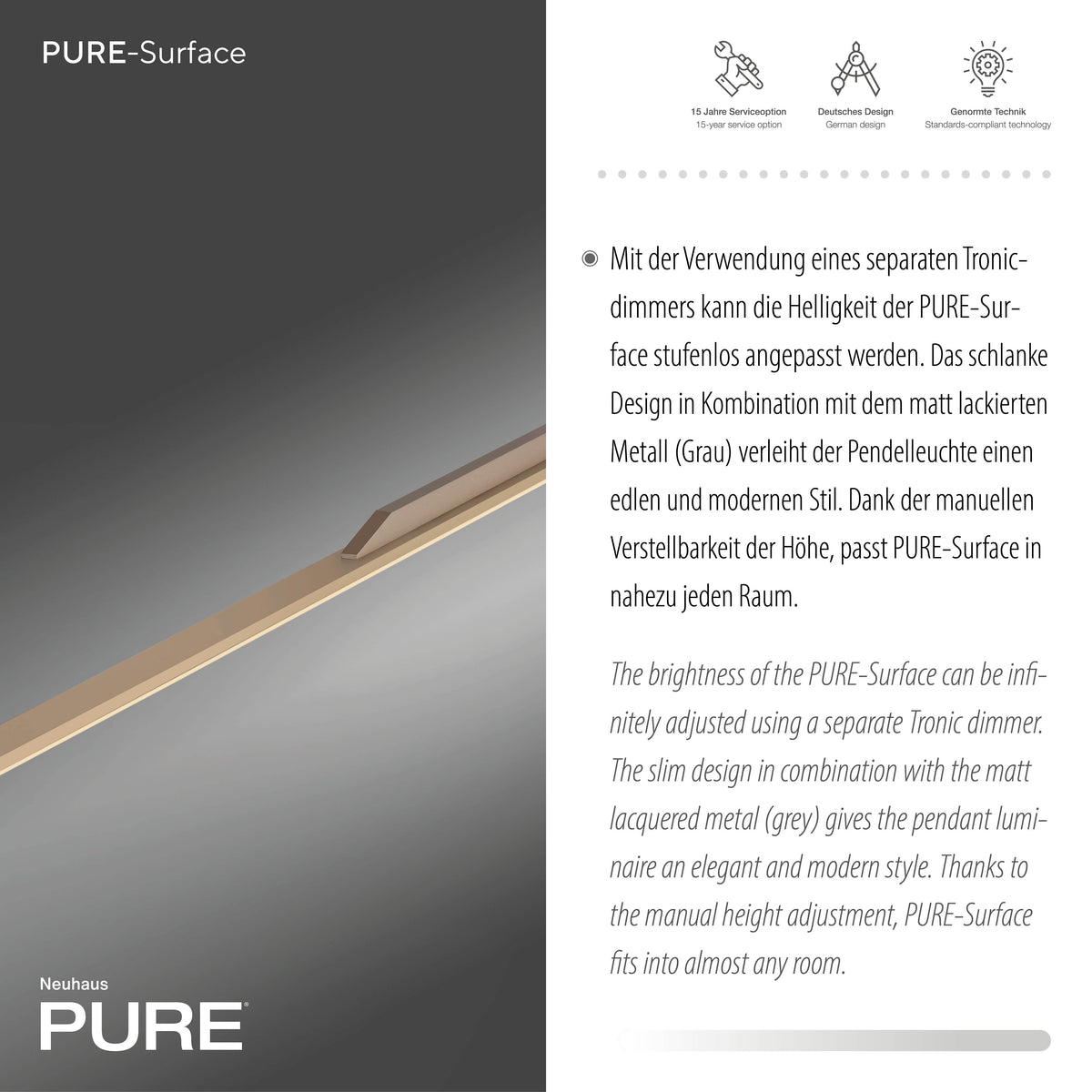 Détail de la finition métal laqué mat et texte descriptif en allemand.