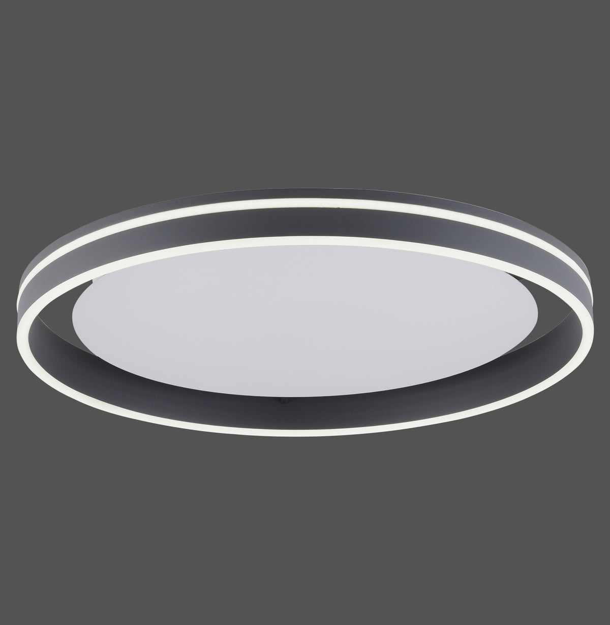 Vue de face du plafonnier rond anthracite avec diffuseur central blanc.