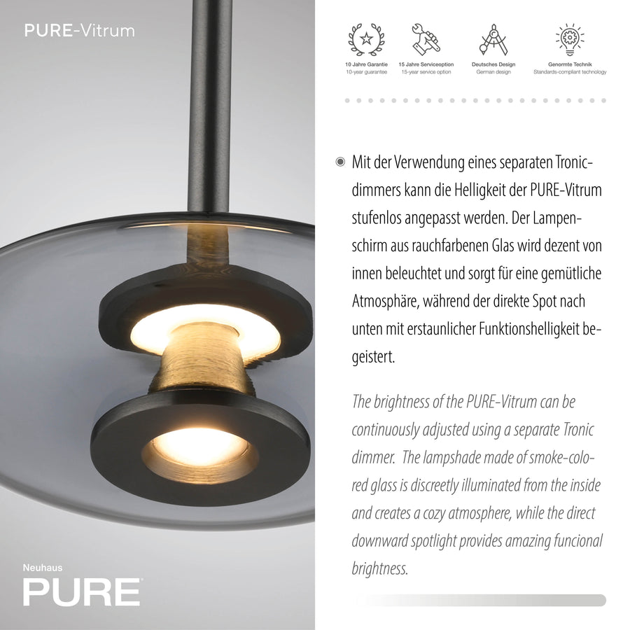 Détail du luminaire allumé avec icônes de garantie et texte descriptif.