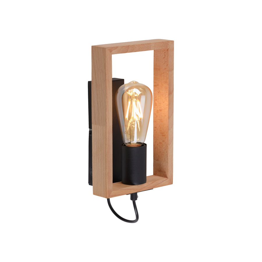 Vue de trois quarts du luminaire sur fond blanc, cadre bois et douille noire.