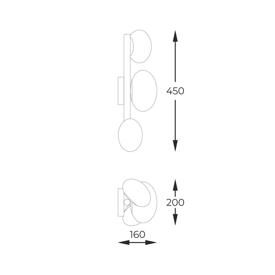 Schéma de dimensions avec hauteur 450 mm, largeur 160 mm et profondeur 200 mm