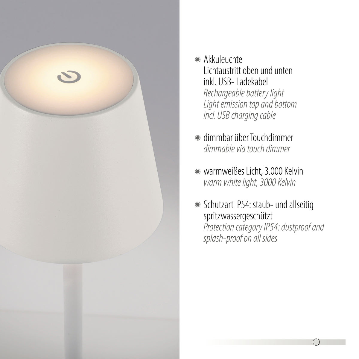 Détail du diffuseur supérieur avec bouton tactile et caractéristiques techniques