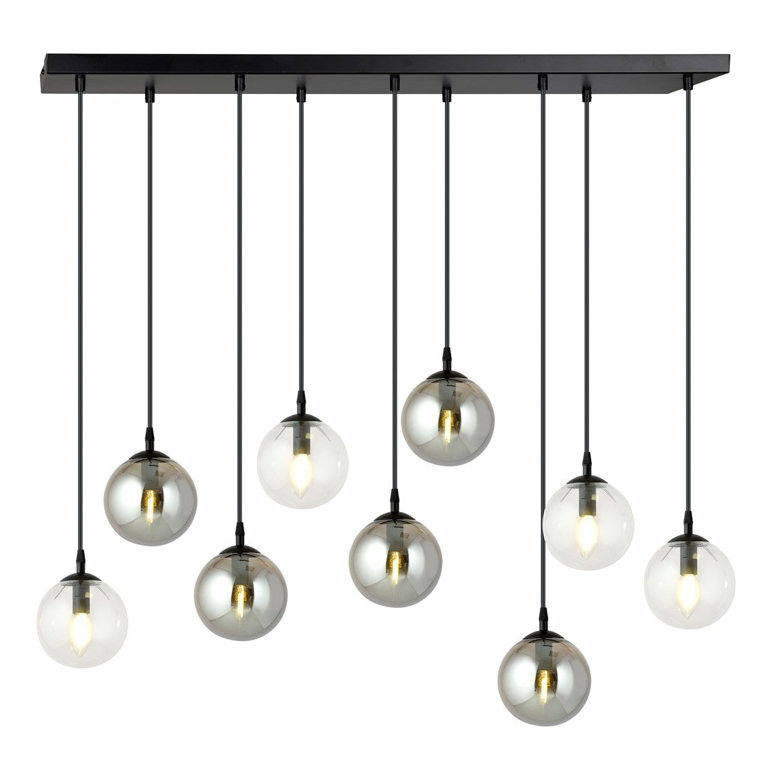 Suspension noire à neuf globes de verre fumé et transparent, éclairée, vue de face