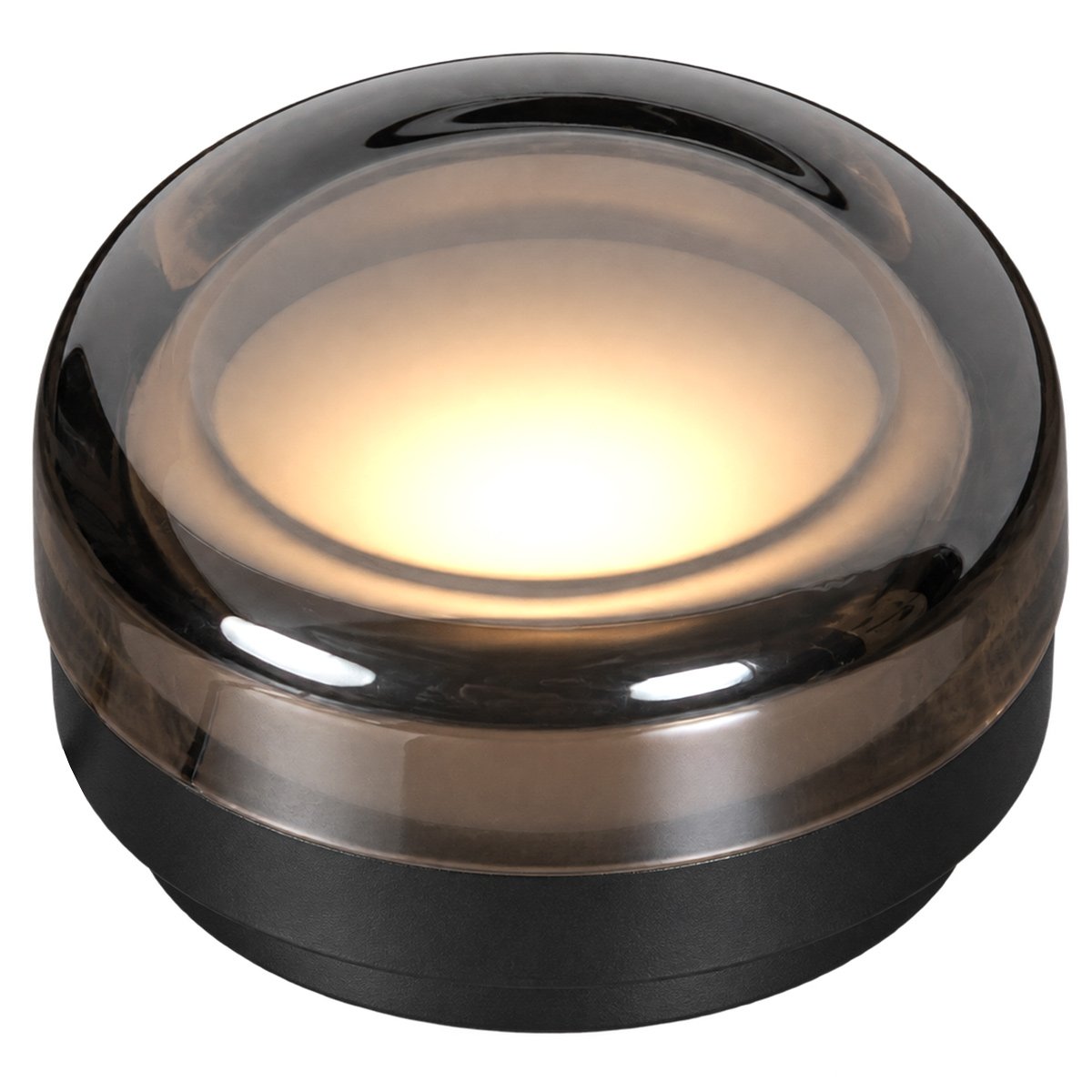 Luminaire rond allumé, verre fumé bombé sur socle noir, vue de dessus