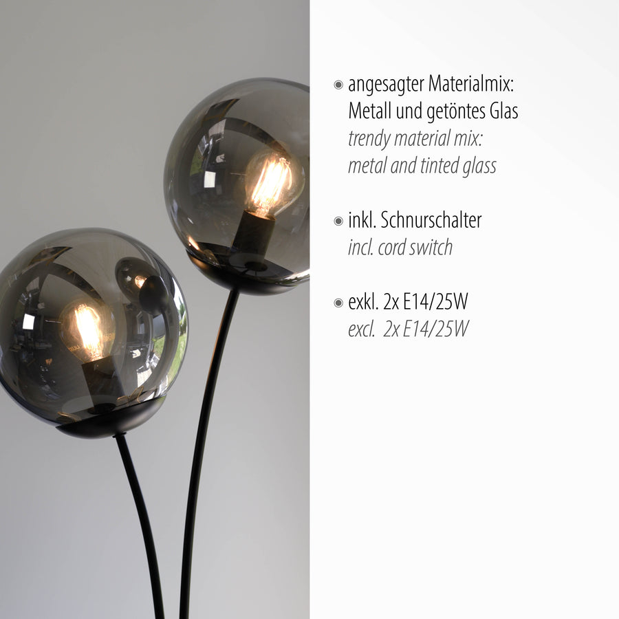 Détail des globes en verre fumé avec texte sur matériaux et douille