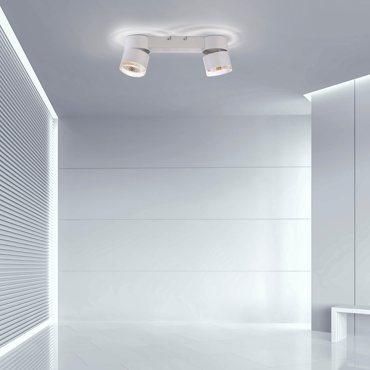 Mise en ambiance du luminaire fixé au plafond dans un intérieur blanc minimaliste