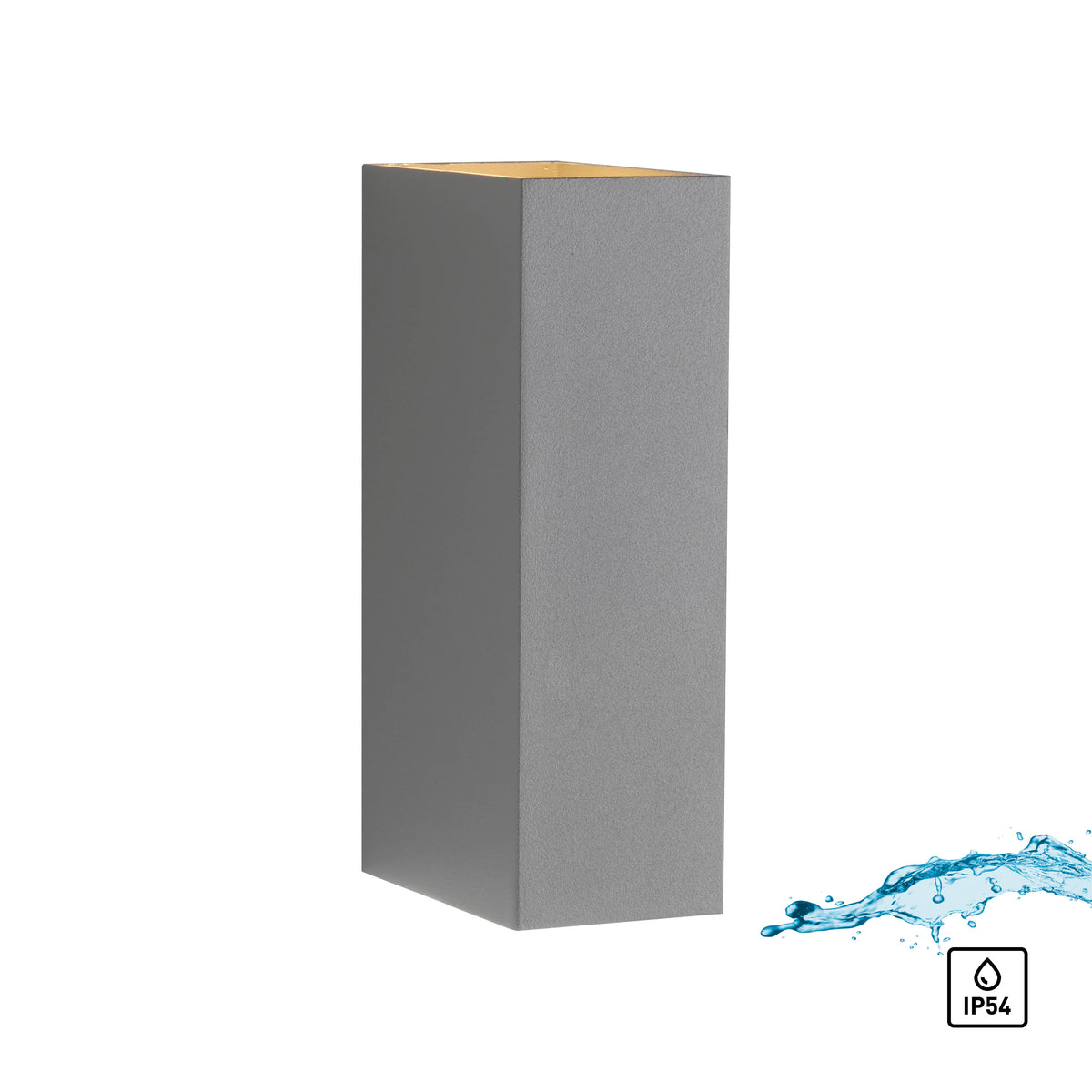 Vue produit sur fond blanc avec éclaboussure d'eau et pictogramme IP54.