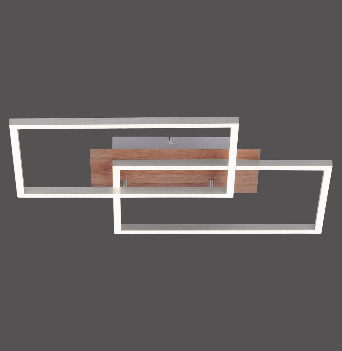 Vue de face sur fond gris du plafonnier géométrique en aluminium et bois.