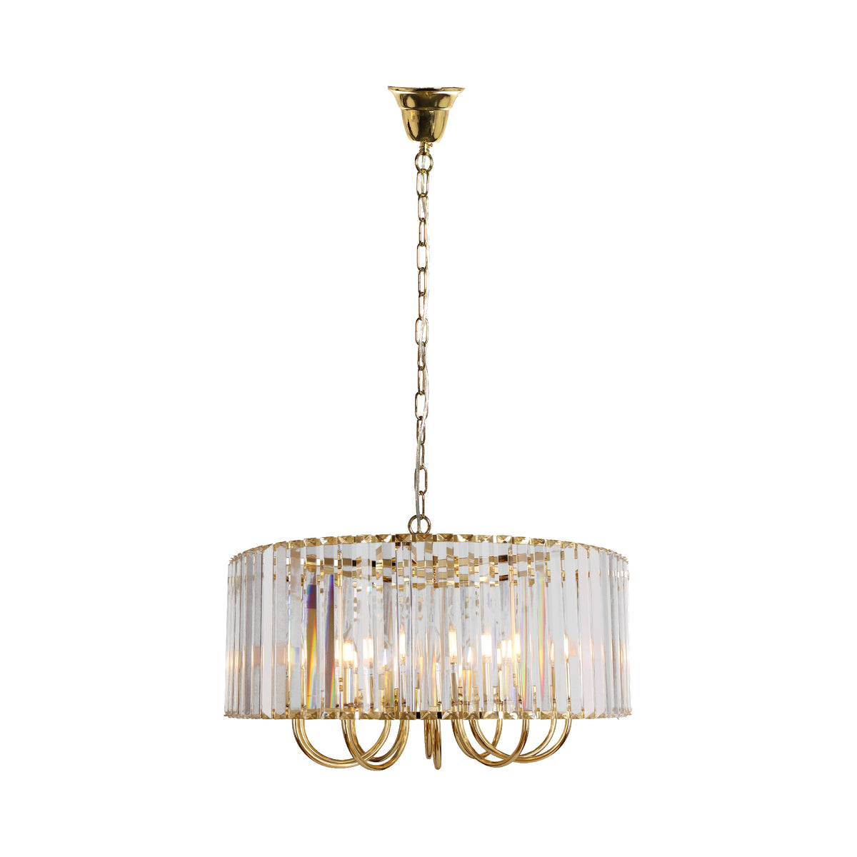 Luminaire doré suspendu avec abat-jour cylindrique en tiges de verre transparent
