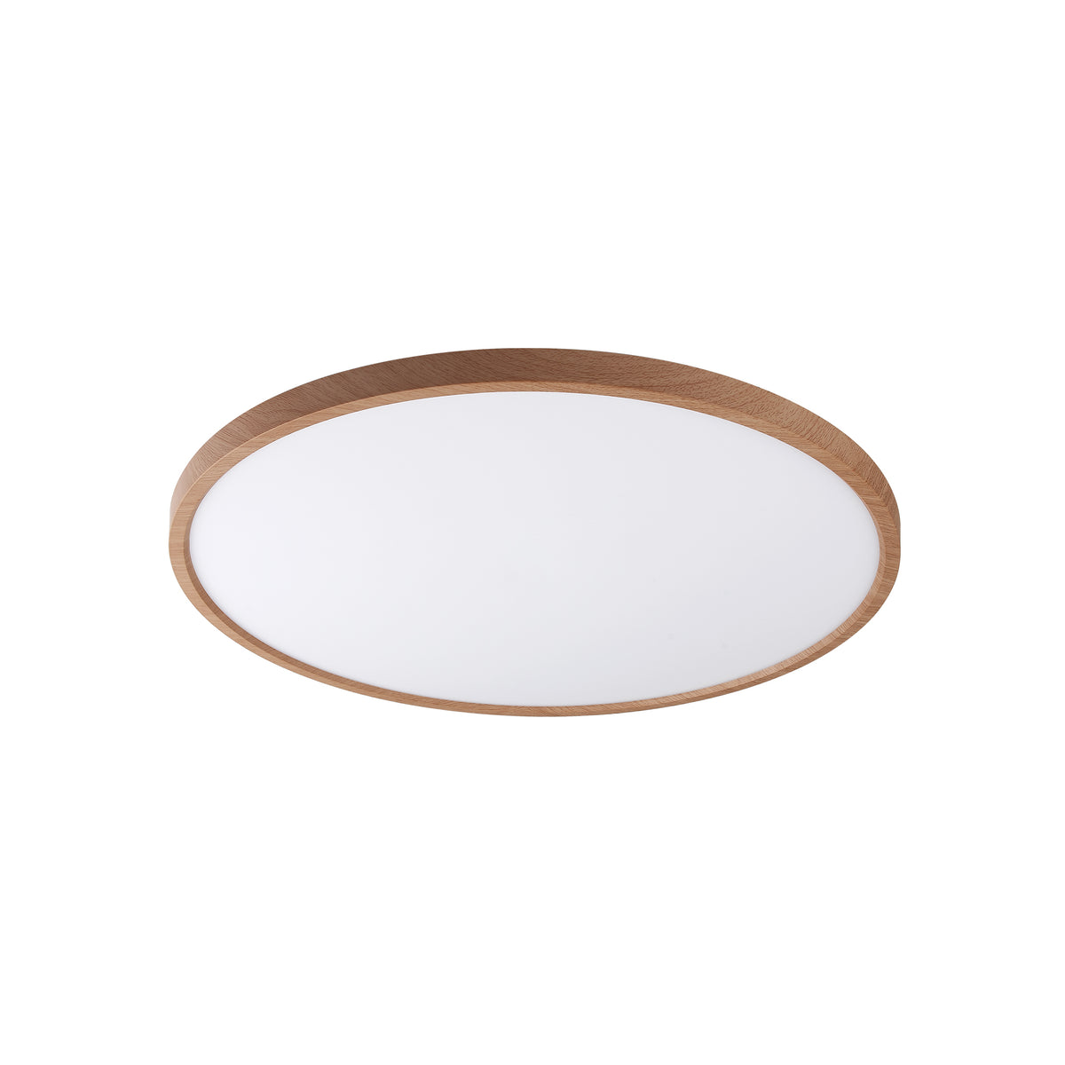 Vue rapprochée du plafonnier ovale, bordure en bois et diffuseur opalin blanc