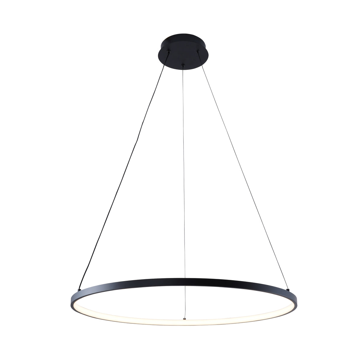 Suspension anneau noire sur fond blanc, câbles fins et diffuseur lumineux