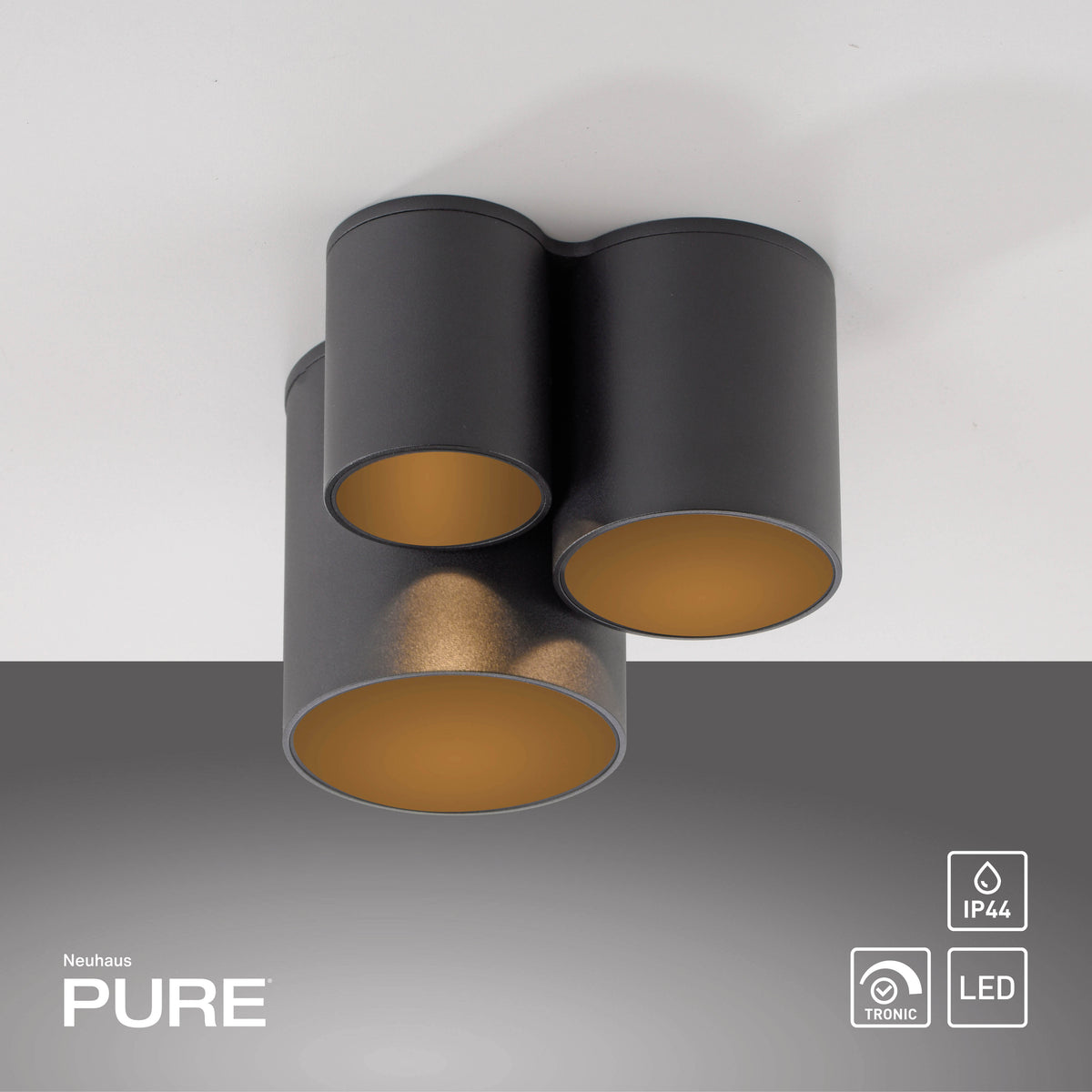 Plafonnier noir fixé au plafond blanc, logos IP44, LED et variateur Tronic visibles.