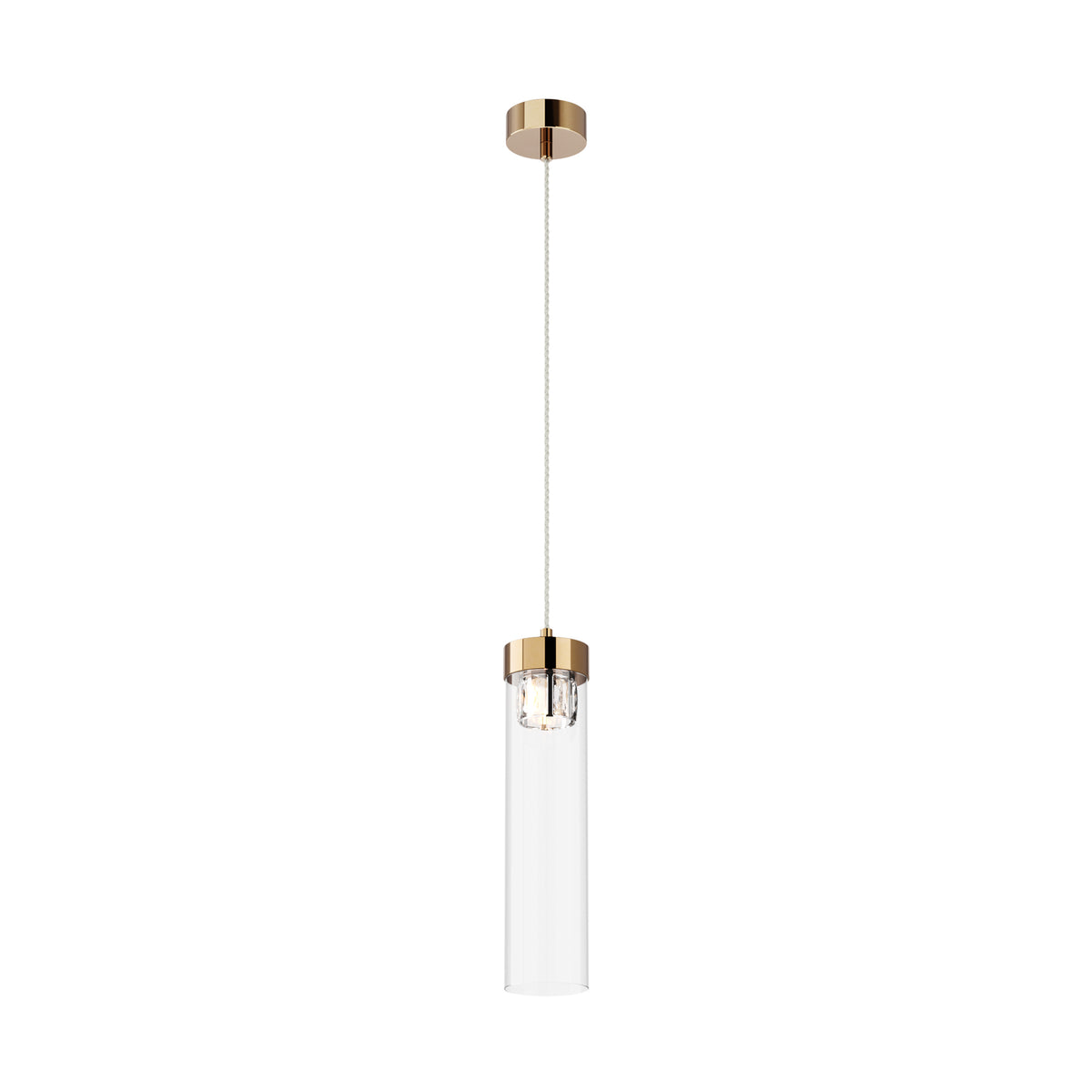 Suspension dorée avec long cylindre de verre transparent, vue de face sur fond blanc
