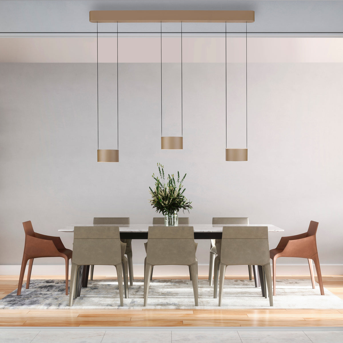 Mise en ambiance au-dessus d'une table à manger, chaises en cuir et plante