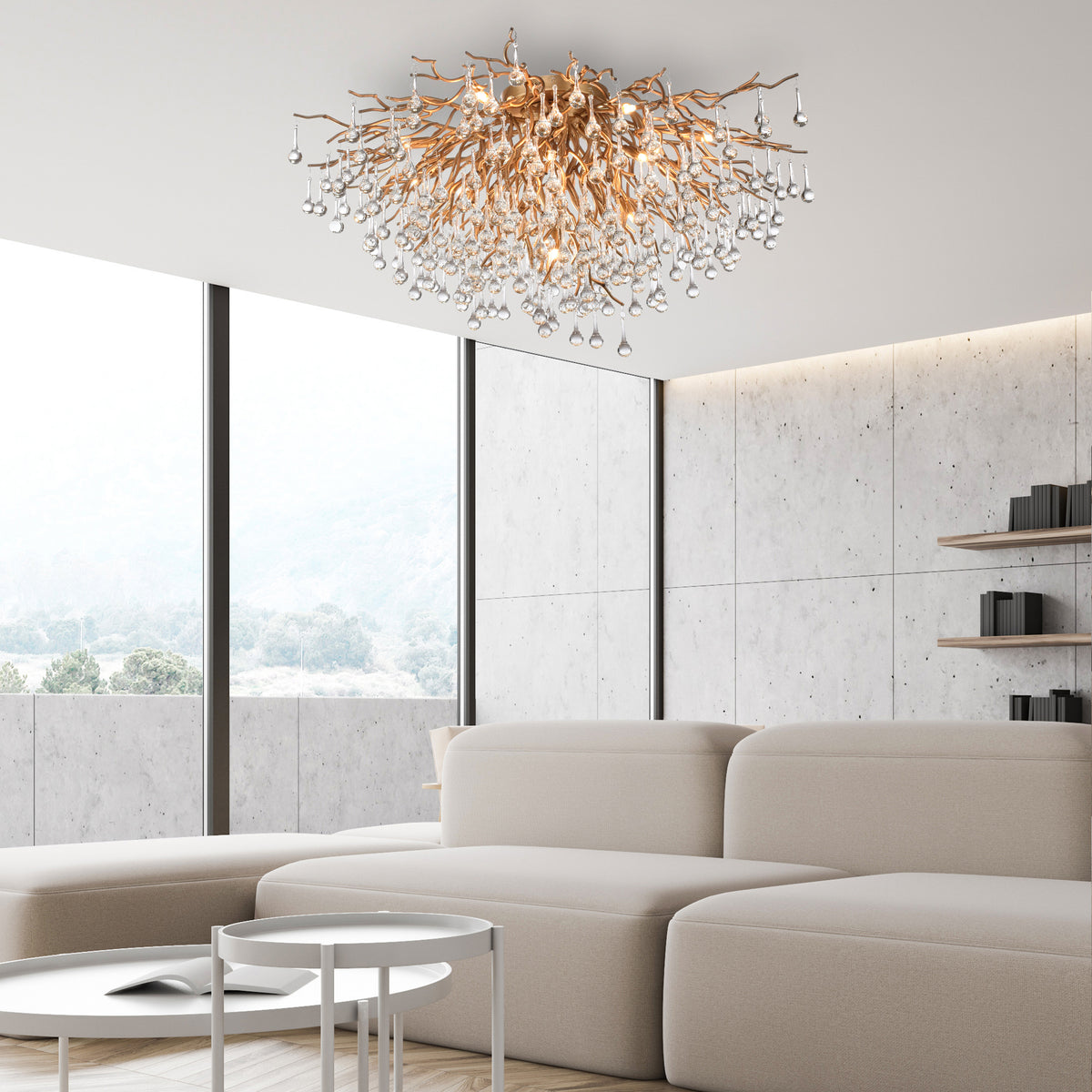 Mise en ambiance dans un salon moderne avec canapé beige et baies vitrées