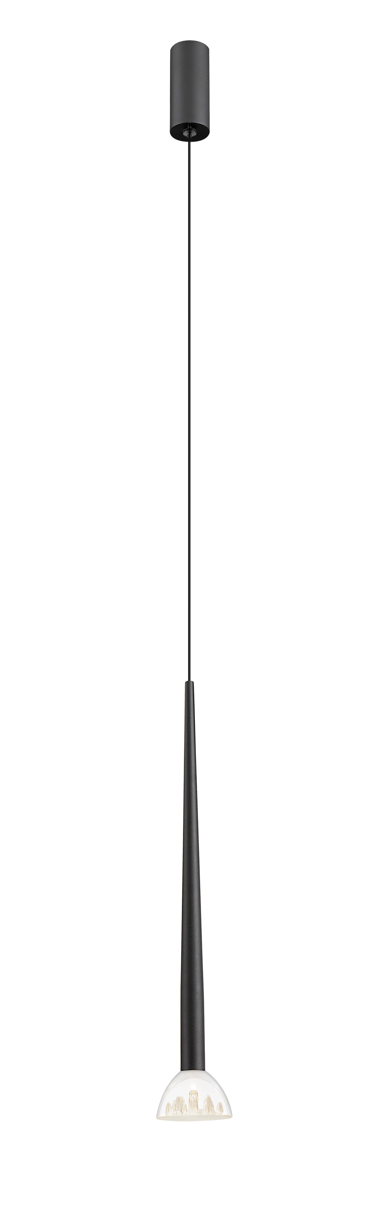 Vue de face d'une suspension noire mate avec long câble et abat-jour en verre transparent