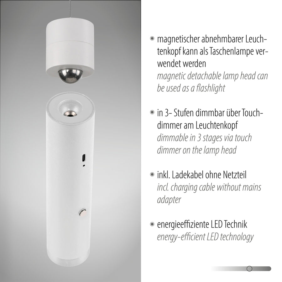 Détail du luminaire avec tête magnétique détachable et texte explicatif sur le variateur et la batterie.