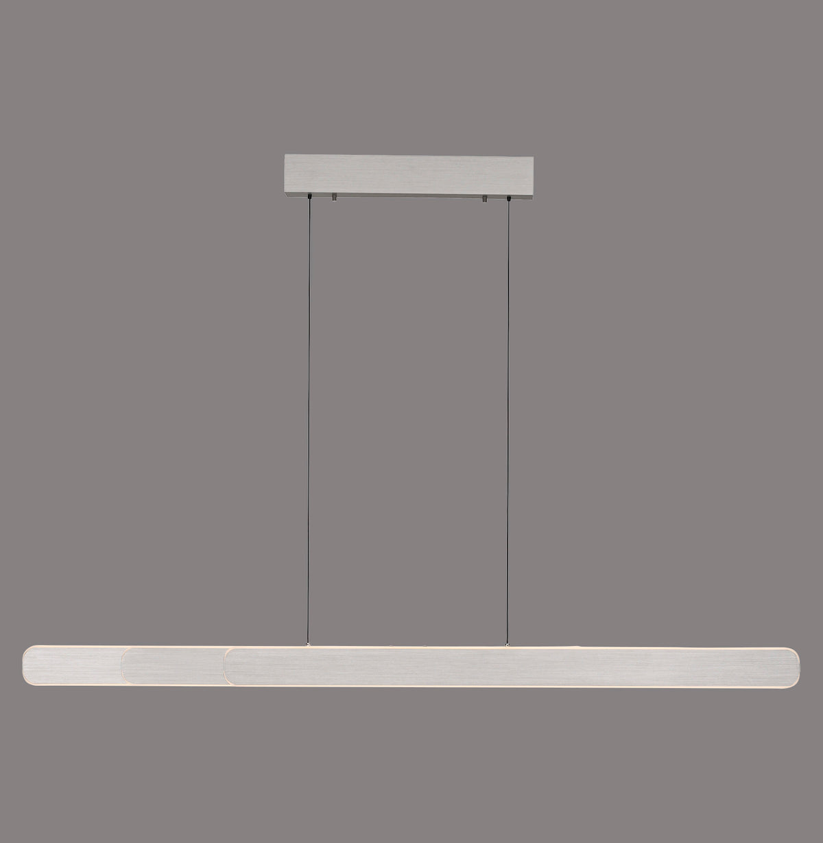 Vue de face d'une suspension linéaire en aluminium brossé avec deux câbles fins