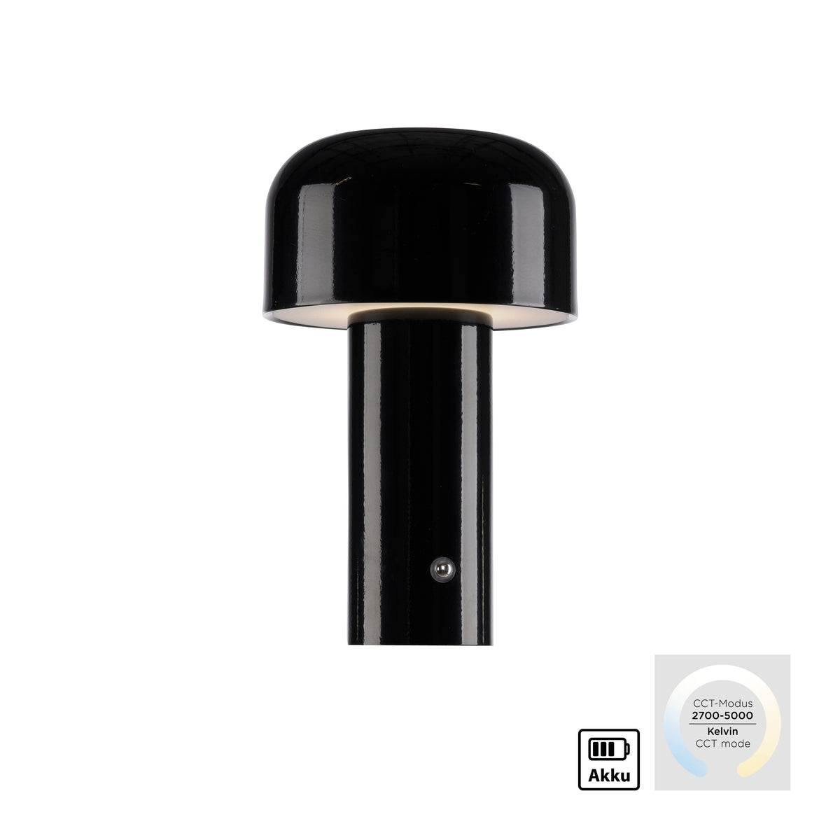 Vue de face sur fond blanc avec pictogrammes batterie et température 2700 à 5000 K.