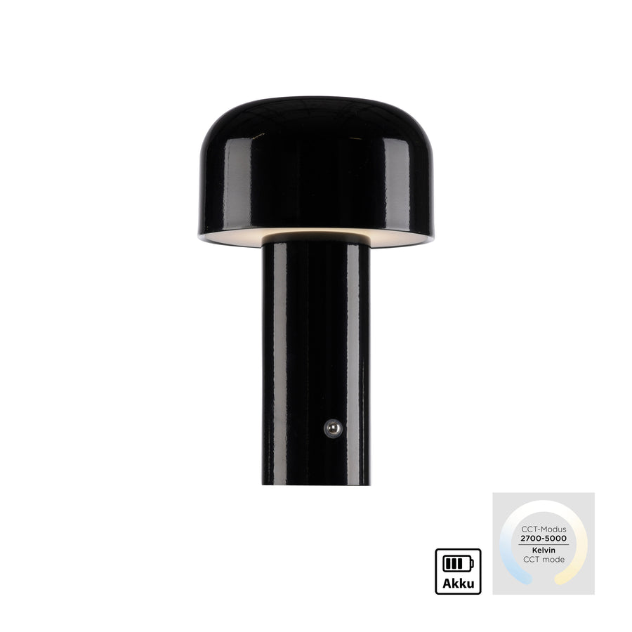 Vue de face sur fond blanc avec pictogrammes batterie et température 2700 à 5000 K.