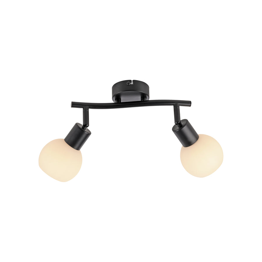 Second angle de face du luminaire, mettant en valeur la barre horizontale et les globes.