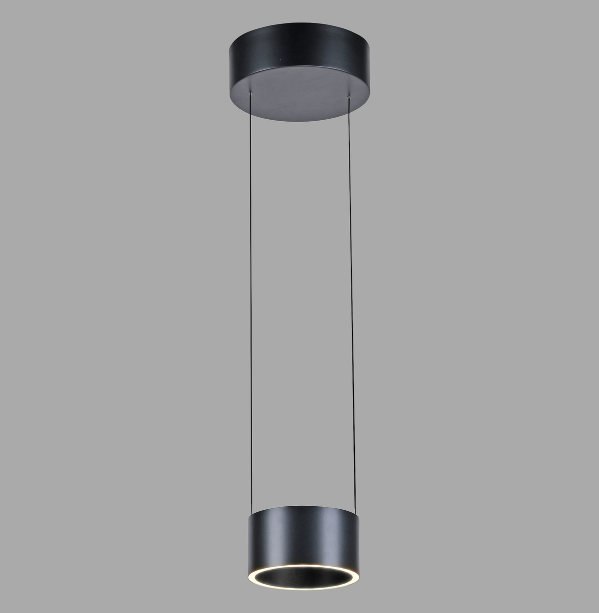 Suspension cylindrique noire vue de face sur fond gris neutre
