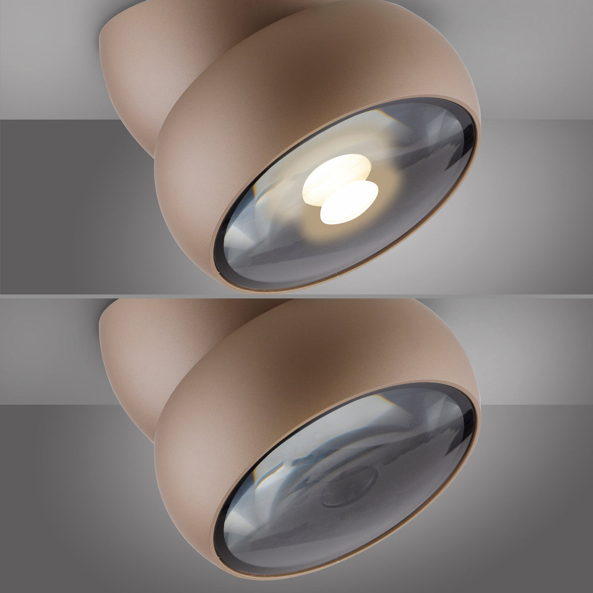 Double vue du luminaire, allumé avec diffuseur transparent puis éteint, vu de profil.