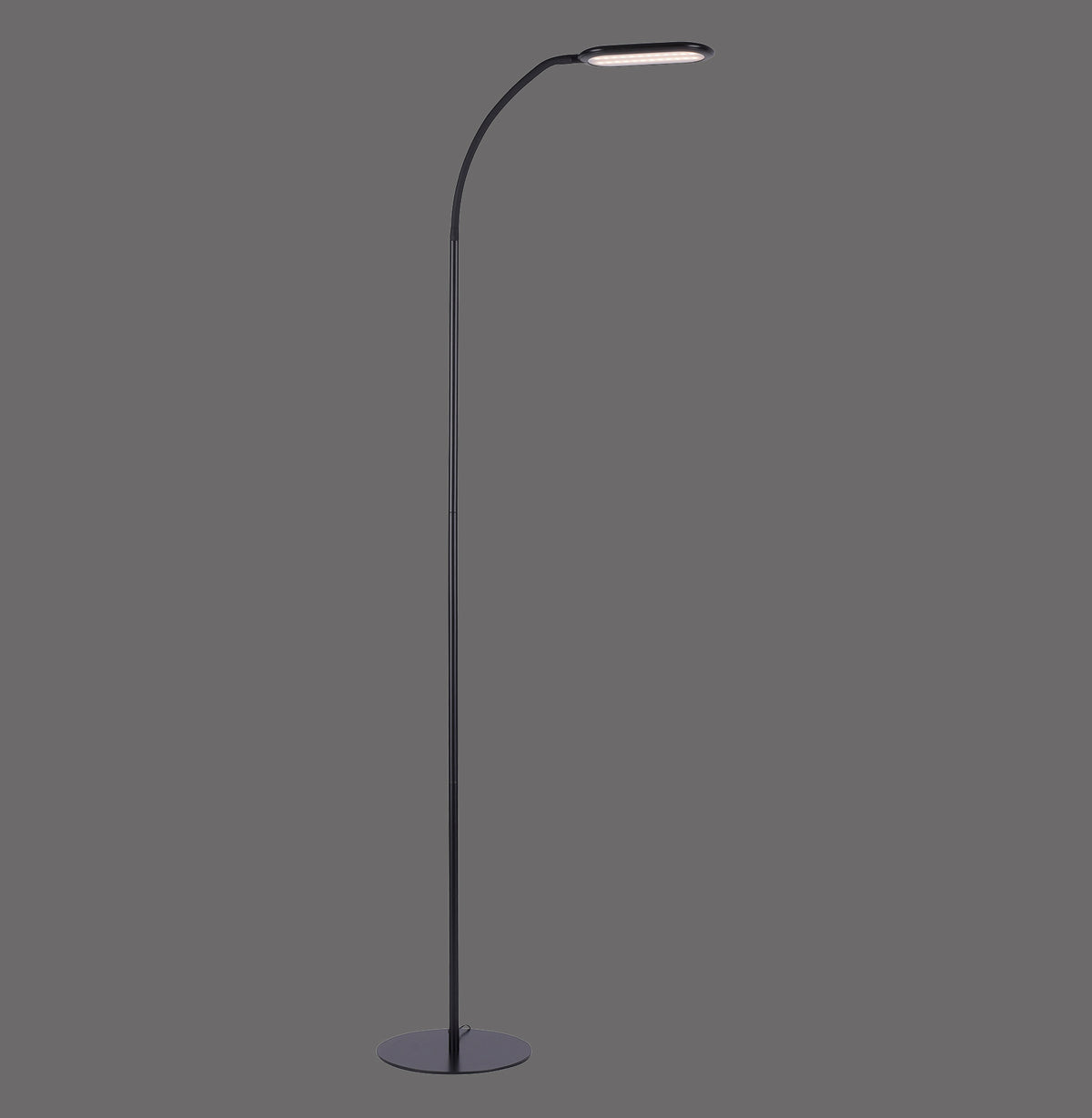 Lampadaire noir de face, pied rond et long bras arqué sur fond gris