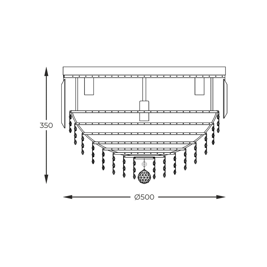 Schéma technique du plafonnier indiquant une hauteur de 350 mm et un diamètre de 500 mm