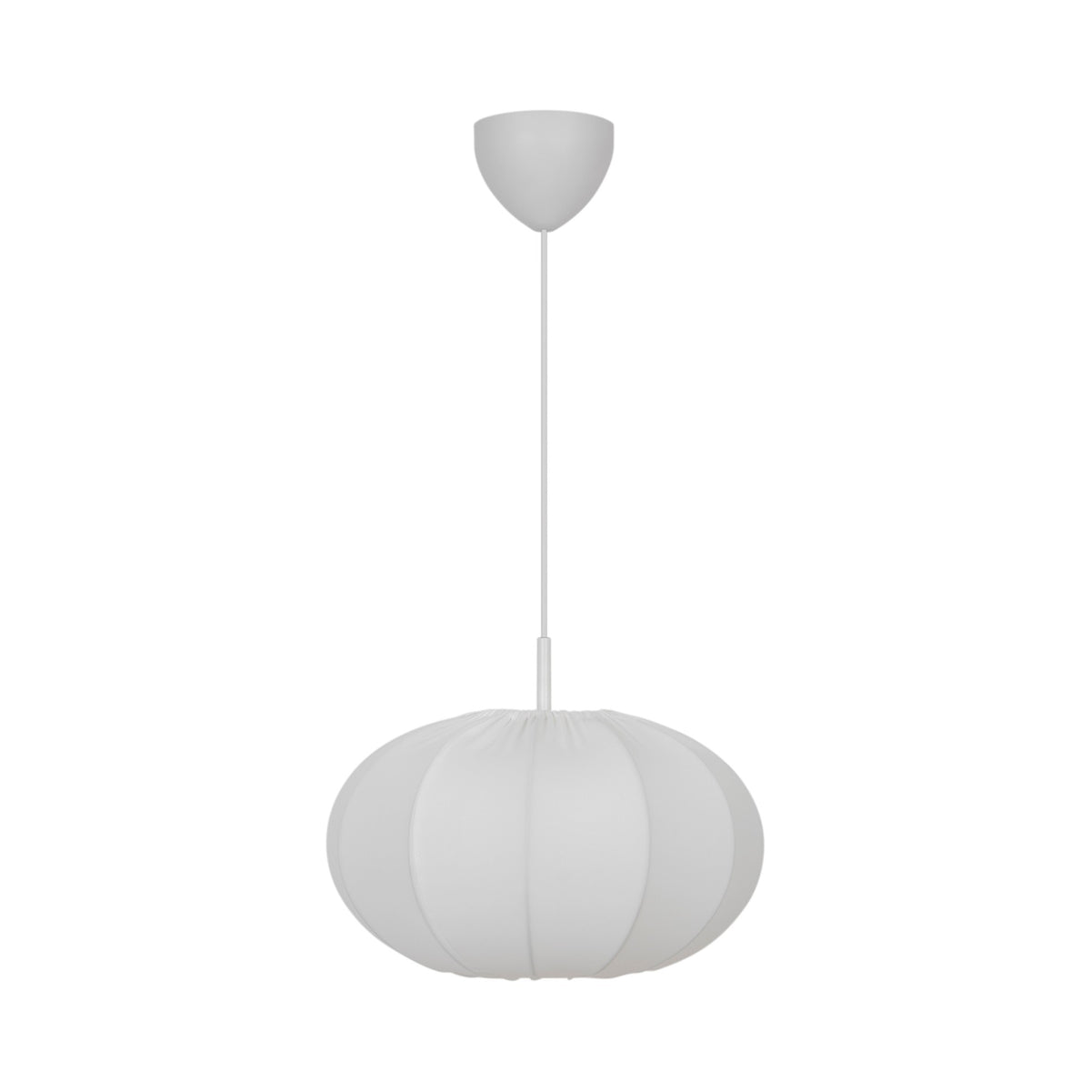 Suspension éteinte présentée de face sur fond neutre, tissu blanc cassé.