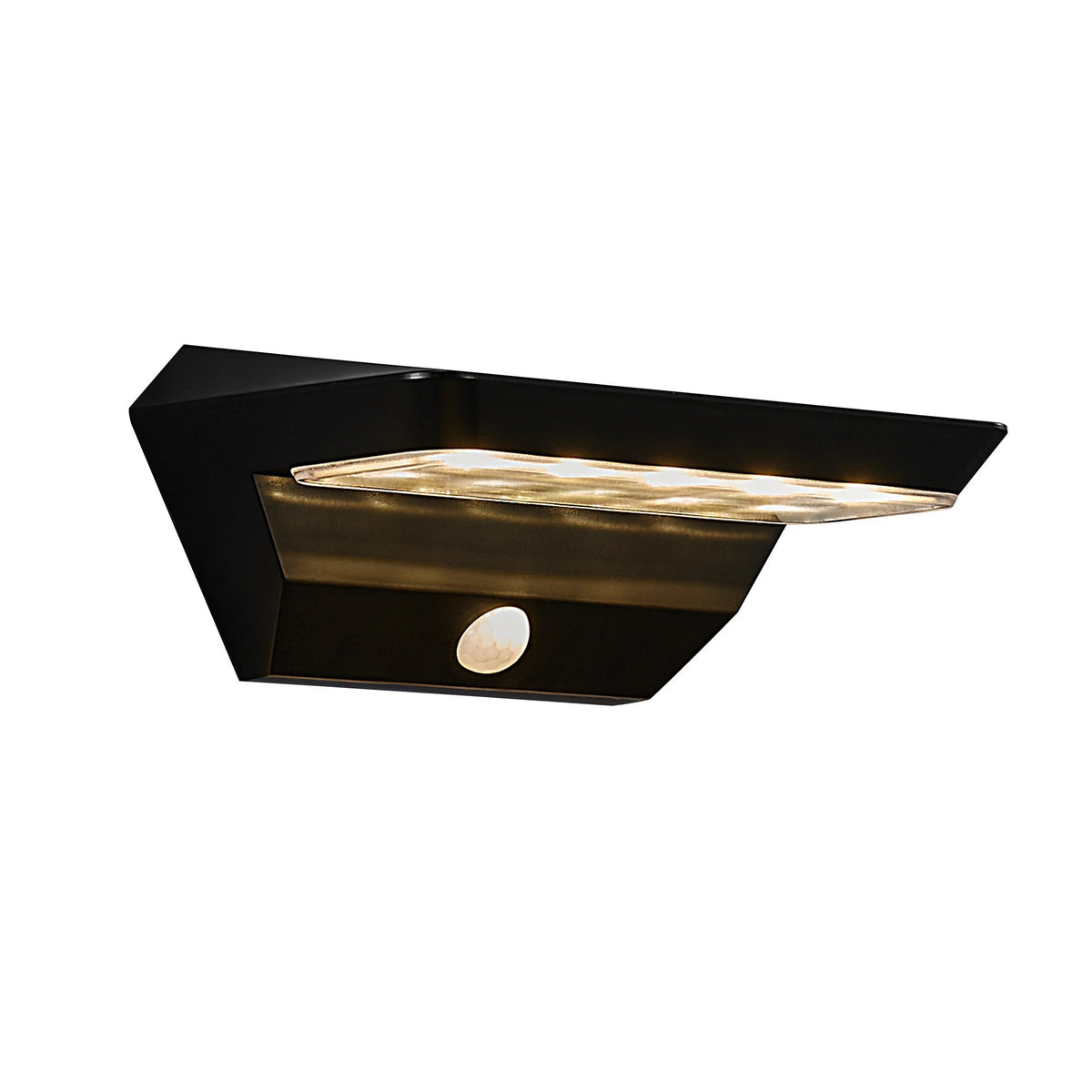 Vue de trois quarts du boîtier noir avec bandeau lumineux et détecteur