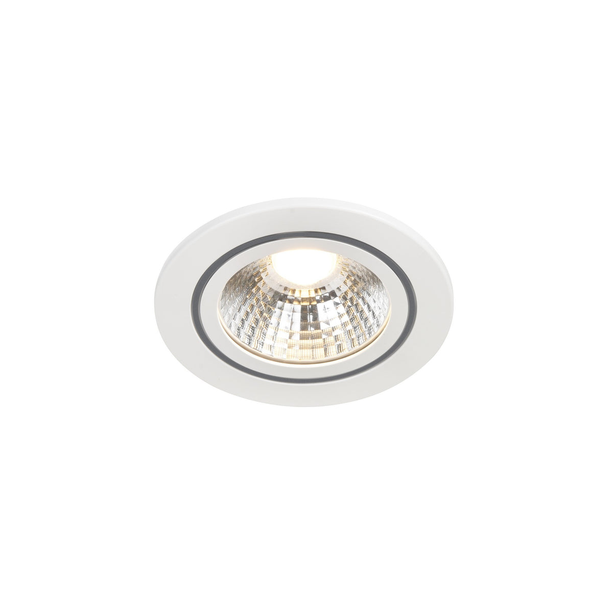 Spot encastrable rond blanc vu de face, réflecteur facetté et anneau gris