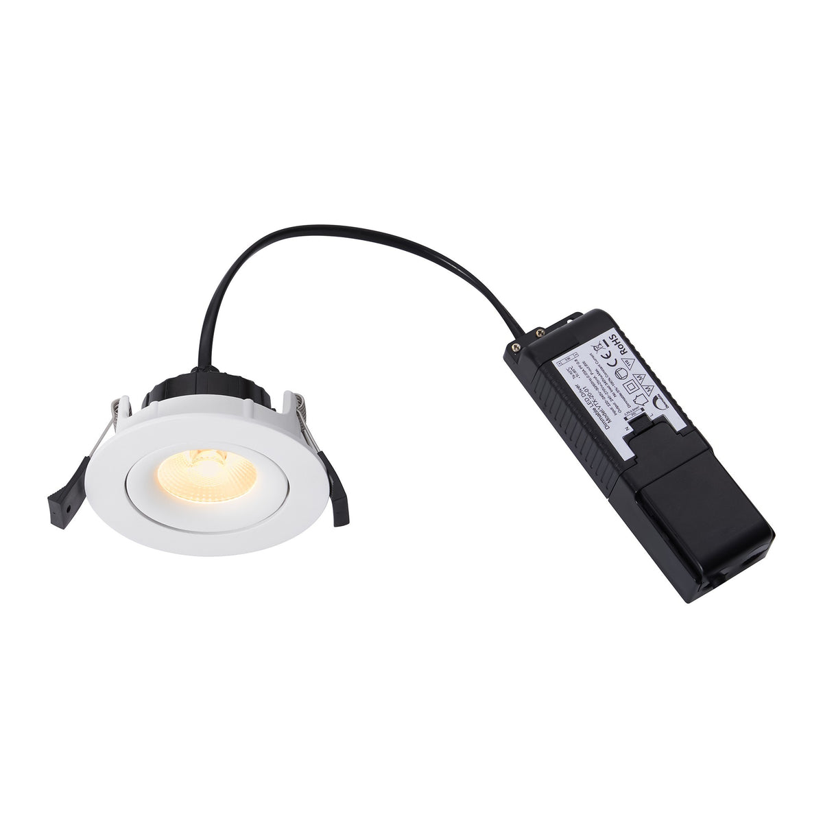 Spot encastrable blanc avec driver LED noir, câble et ressorts de fixation visibles