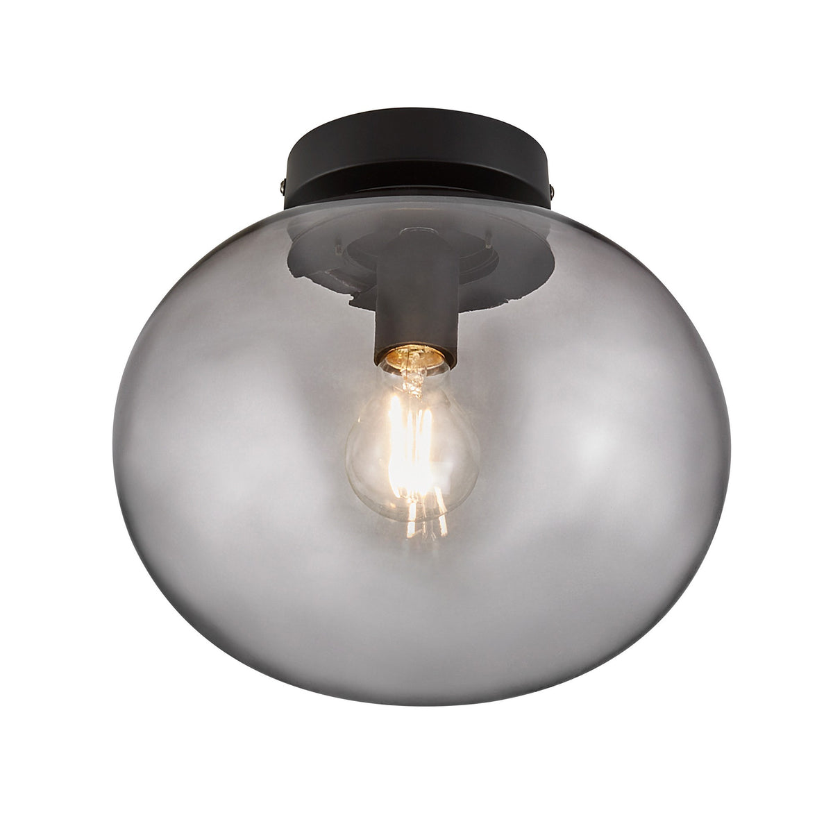 Plafonnier en verre fumé transparent avec douille noire et ampoule visible, sur fond blanc.