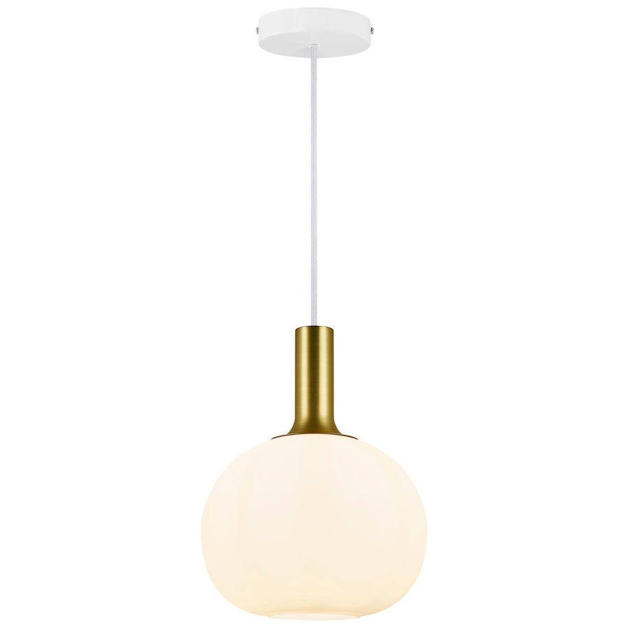 Suspension finition laiton doré, rosace blanche et globe en verre opalin