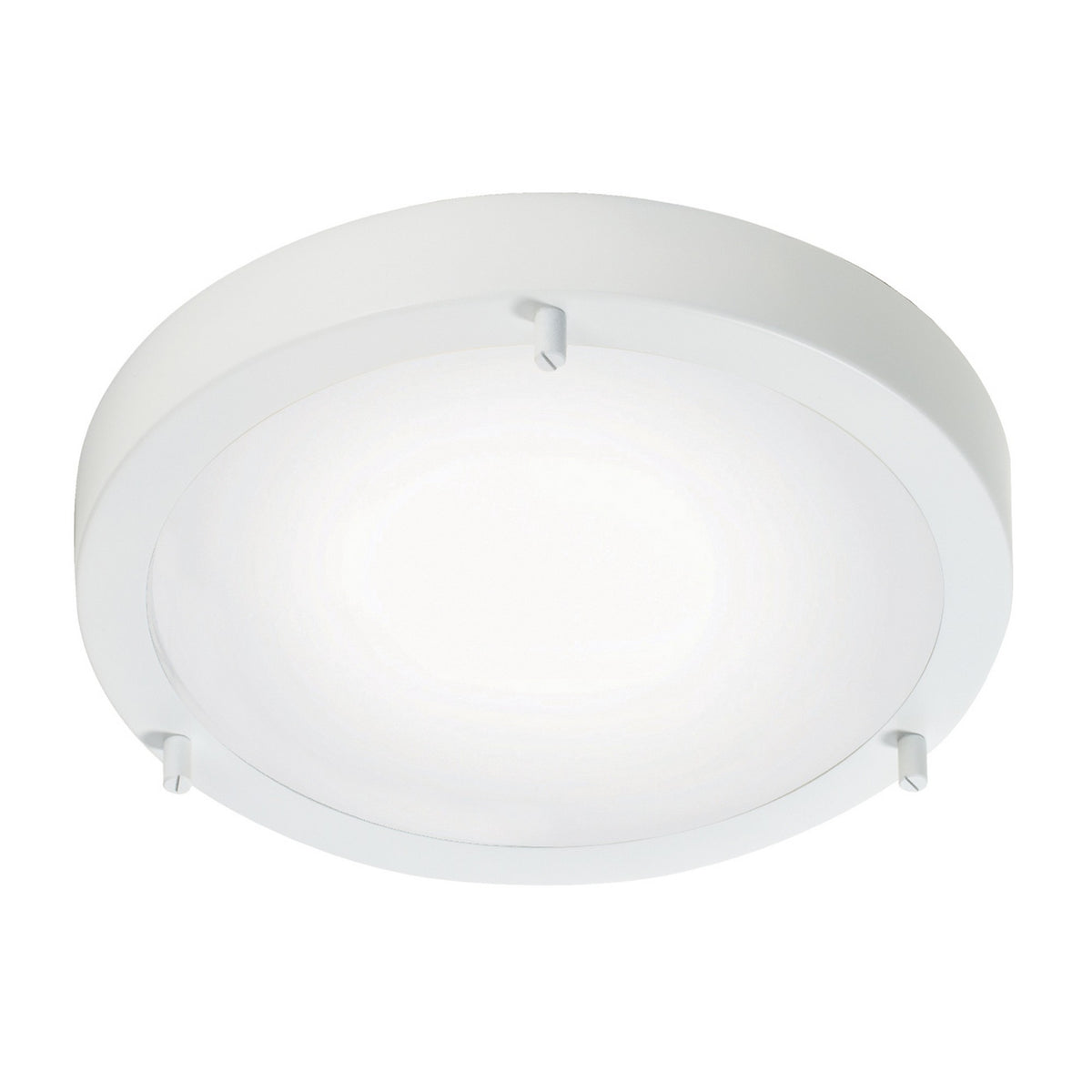 Plafonnier rond blanc en verre dépoli, vue de face sur fond blanc