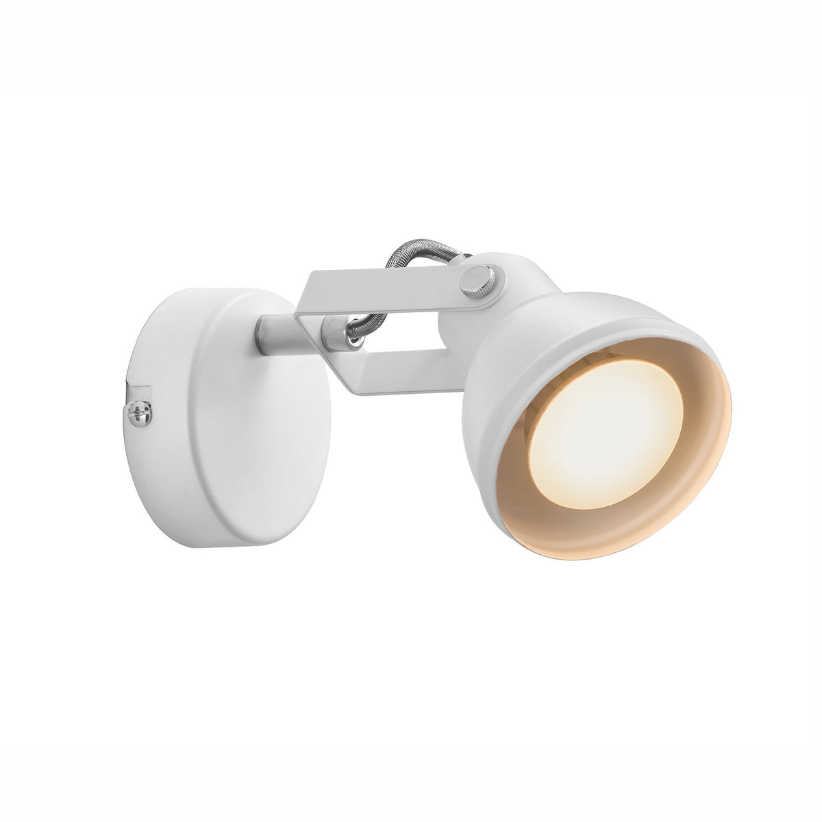 Applique murale blanche orientable de profil sur fond blanc, sans cordon visible.