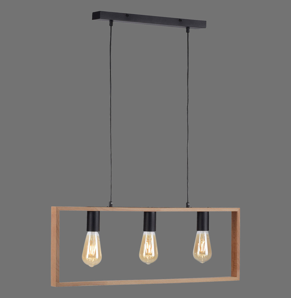 Suspension rectangulaire en bois clair avec trois douilles noires et ampoules sur fond gris.