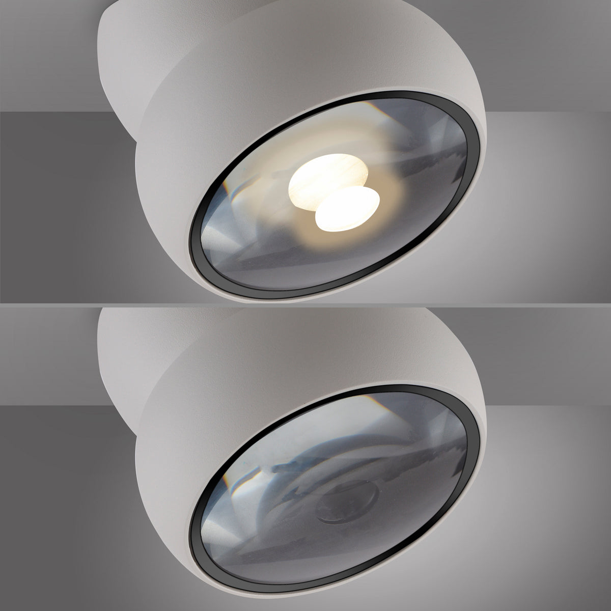 Détail du bloc optique allumé puis éteint, lentille et ouverture ovale.