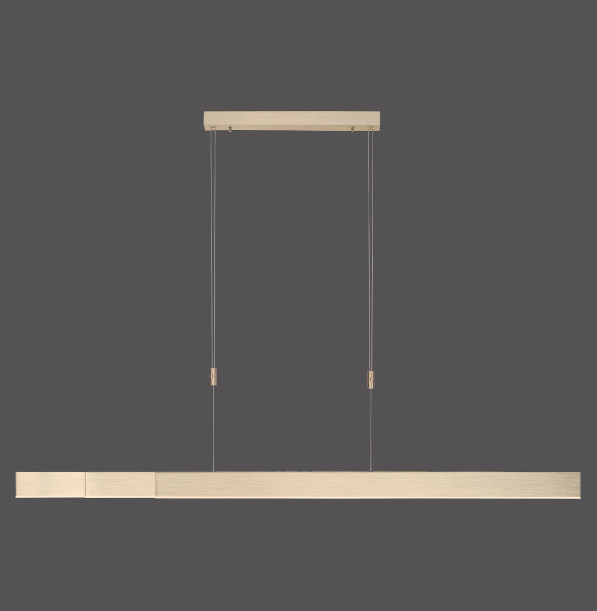 Suspension linéaire en laiton mat avec long corps rectangulaire et deux câbles fins.