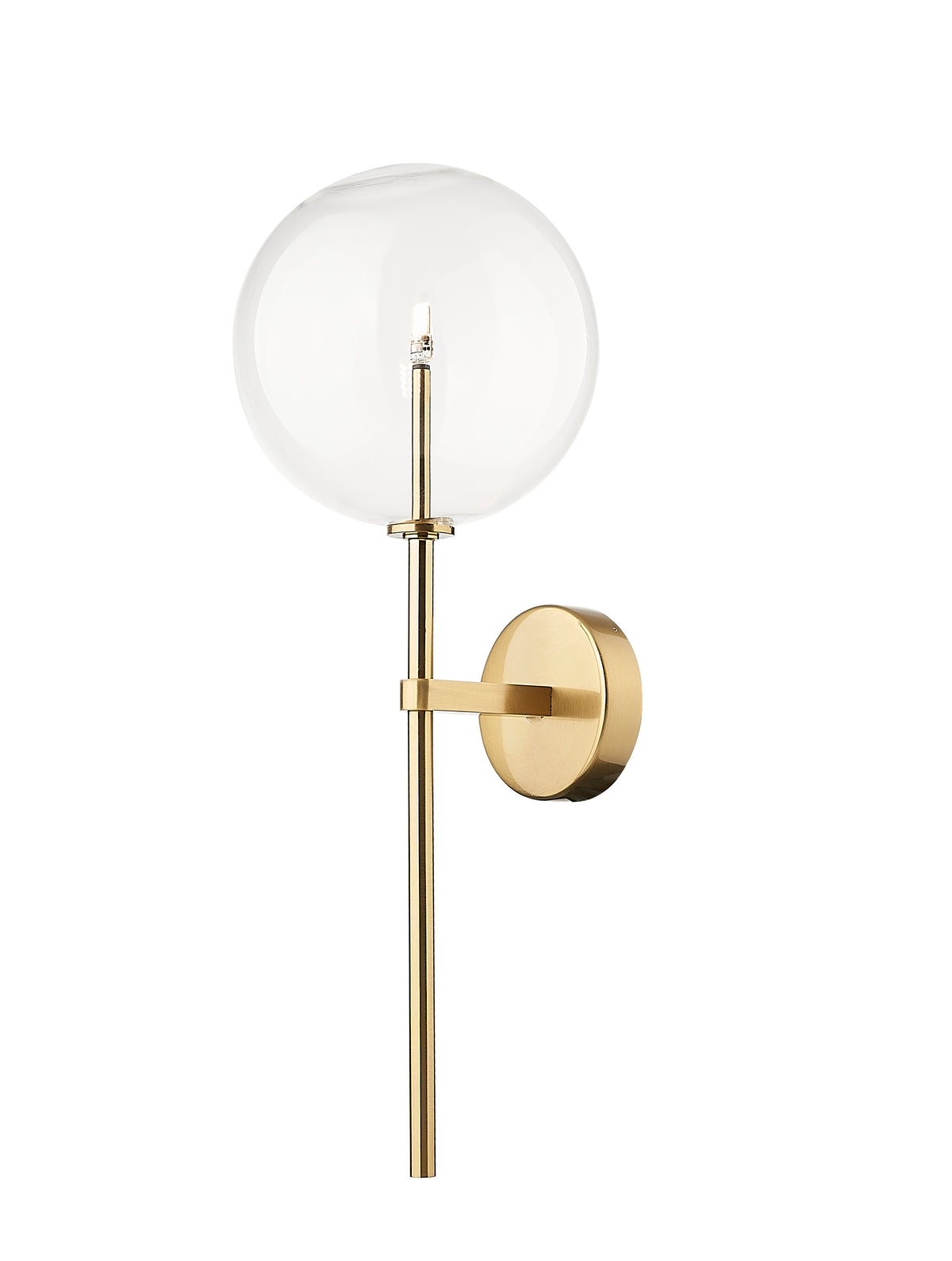 Applique murale dorée, globe de verre transparent et longue tige verticale, vue de face sur fond blanc