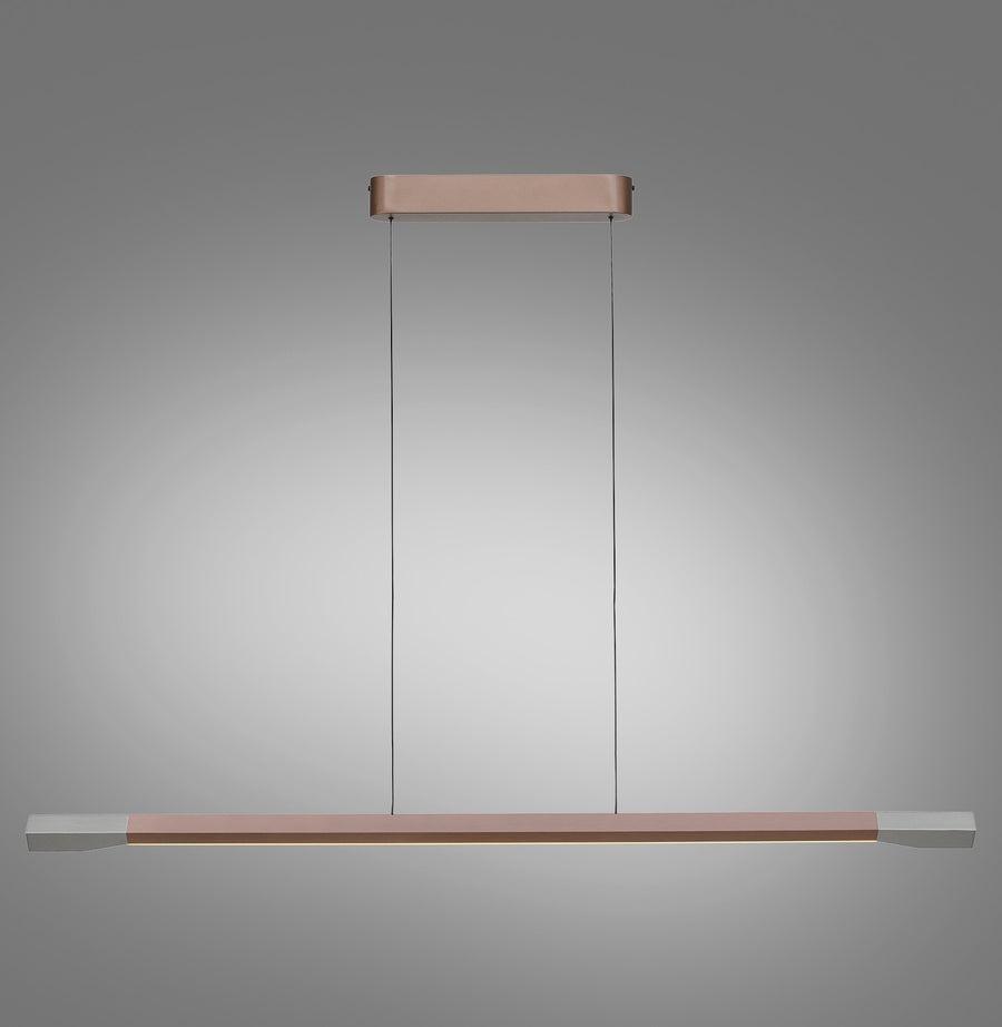 Vue de face du luminaire sur fond gris, barre horizontale marron aux embouts argentés