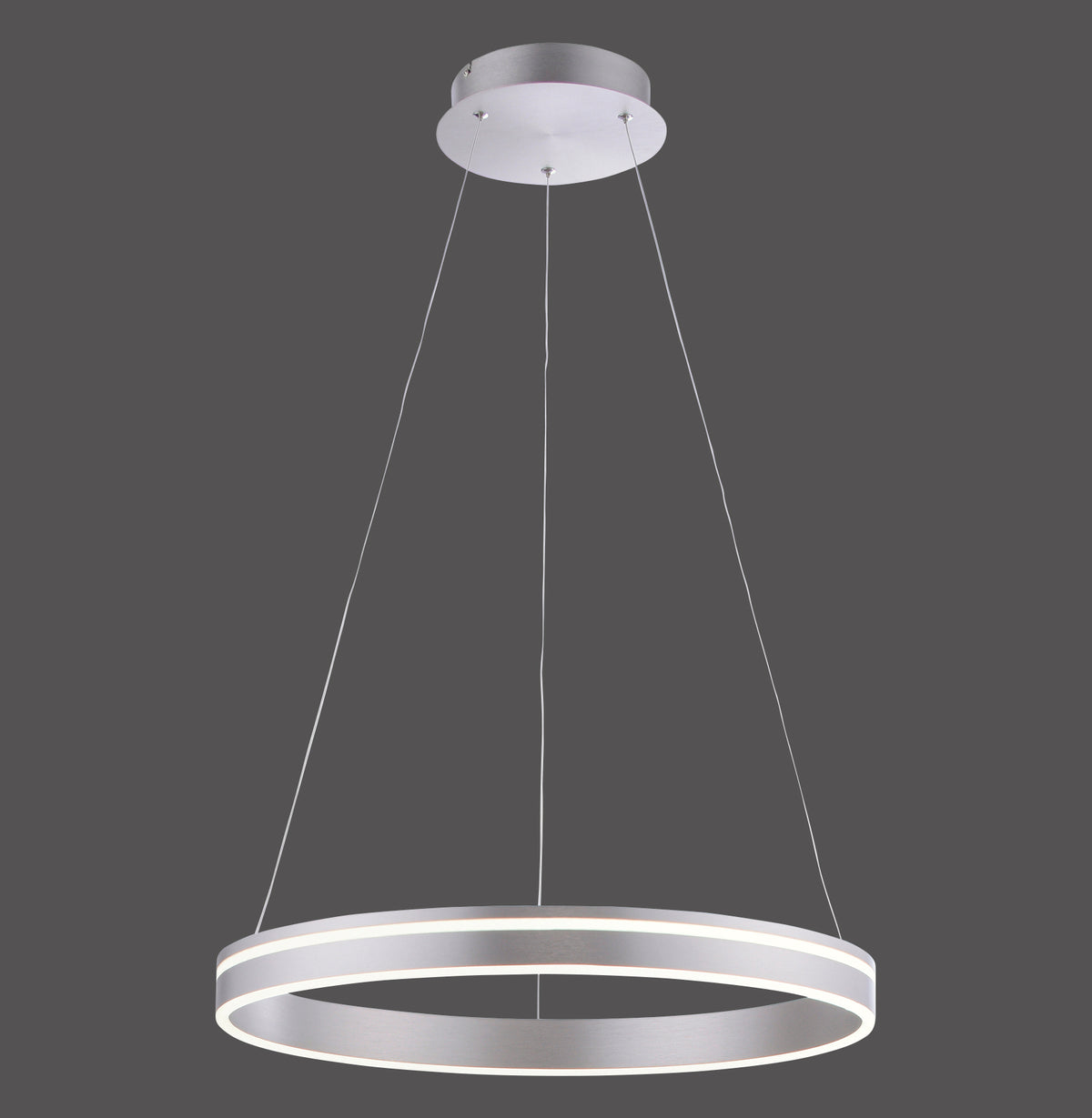 Photo produit montrant le luminaire suspendu, son anneau LED, sa base et ses câbles.
