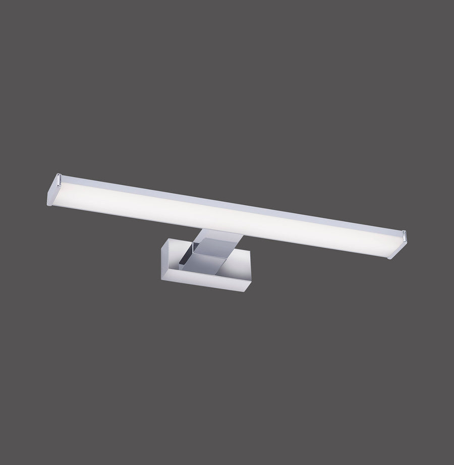 Applique murale chromée vue de face, long diffuseur LED blanc et support central