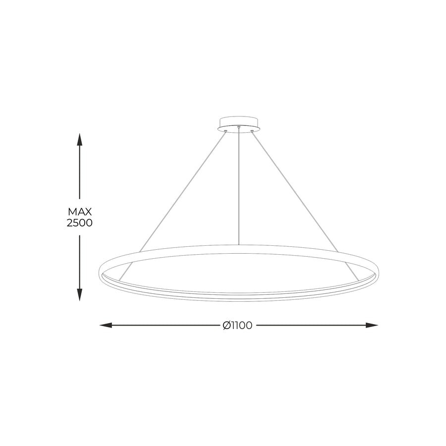 Schéma technique coté du luminaire, diamètre 1100 mm et hauteur maximale 2500 mm.