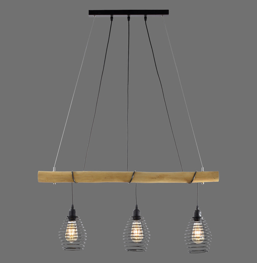 Luminaire suspendu trois abat-jours cages noires présenté de face sur fond gris