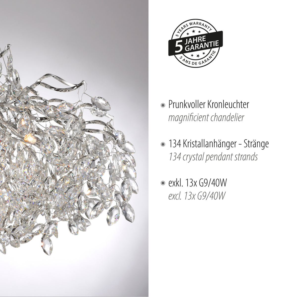 Gros plan sur la garantie cinq ans et les caractéristiques techniques du luminaire.