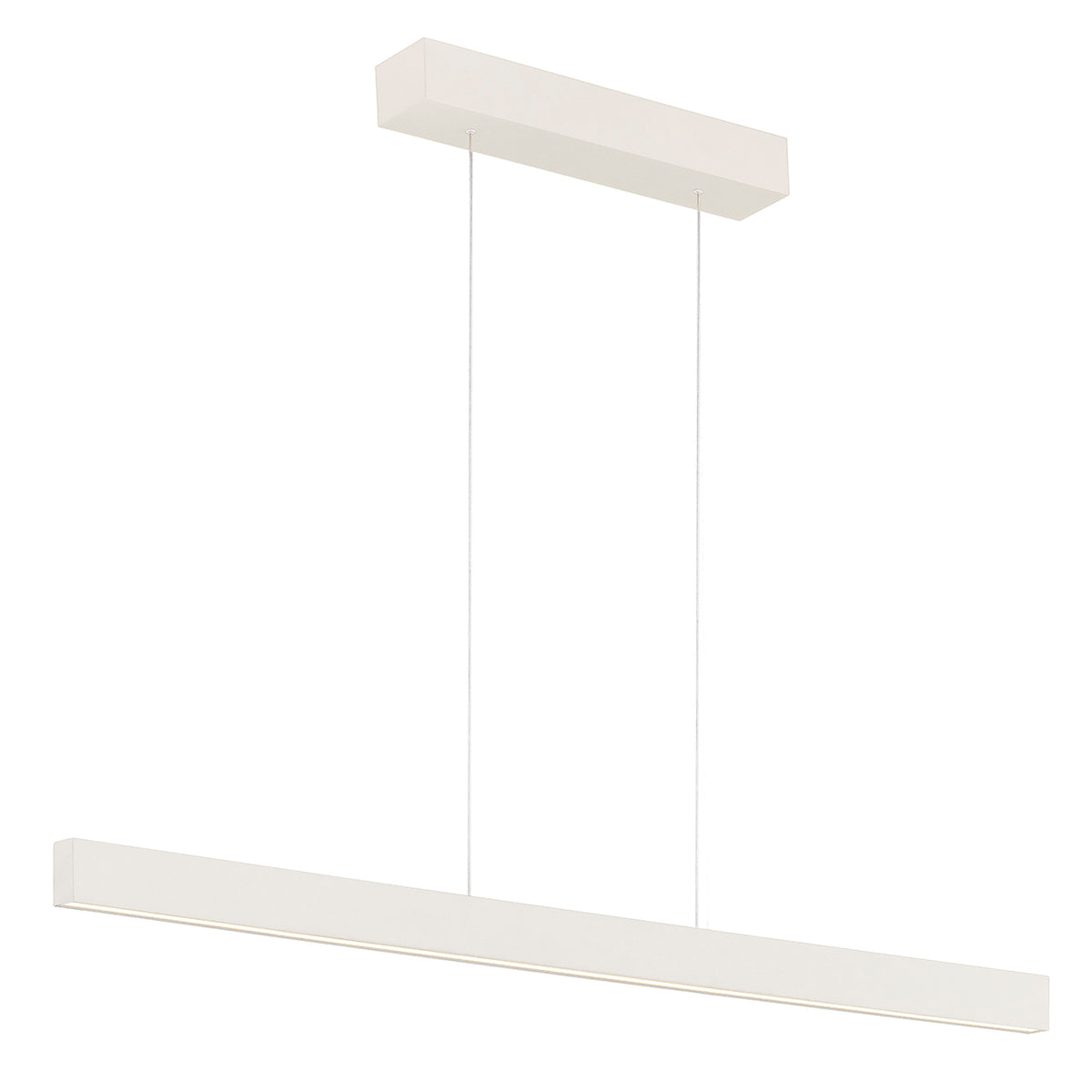 Luminaire blanc suspendu vu de face, barre rectangulaire allongée et deux câbles fins.