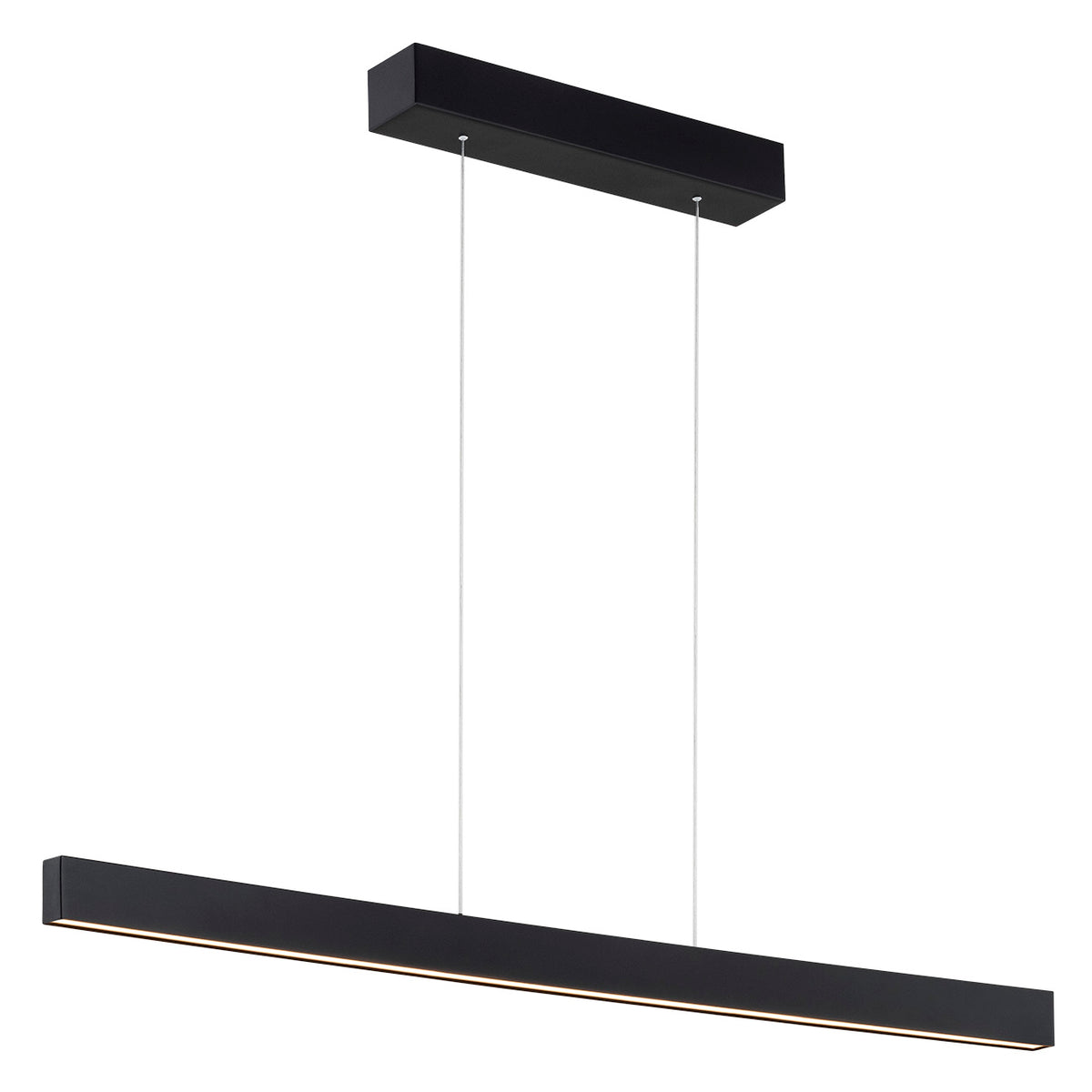 Version noire du luminaire linéaire, barre rectangulaire suspendue par deux câbles.